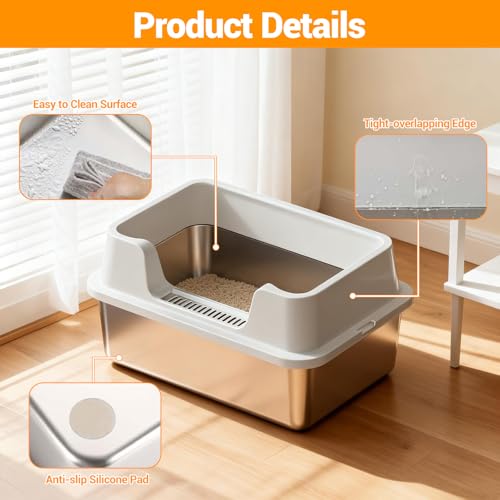 GarveeHome Groß Katzenklo Edelstahl, Halbgeschlossen Katzenklo Edelstahl Leicht Zu Reinigen, Hoher Abnehmbarer Metall Katzentoilette Mit Anti-Rutsch Matte, Katzenstreuschaufel, 50x35x22CM,Naturweiß