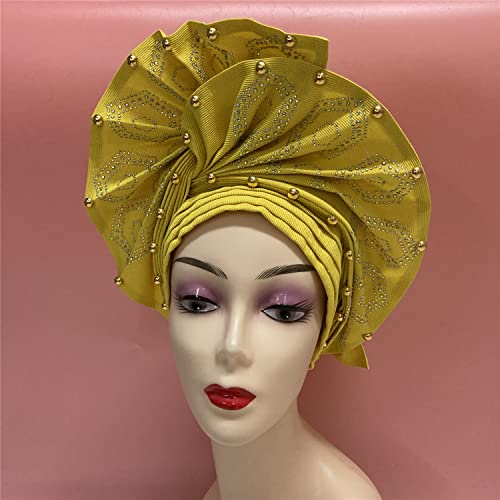 Luxury Nigerian African Headtie Already Made Women's Headband Head Wrap Turban Cap Gele Femme Headscarf Headgear Sewing Fabric for Party (Yellow)