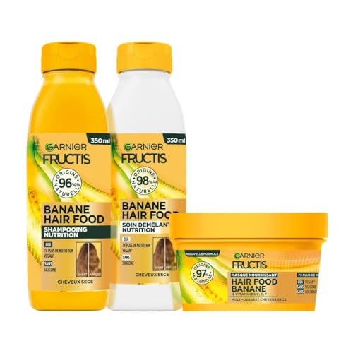 Garnier - Fructis Hair Food Banane - Routine 3 produits - Shampooing, Soin Démêlant & Masque Hydratants - Enrichi en Aloe Vera et en Vitamines C, E & F - Pour Cheveux Normaux À Secs