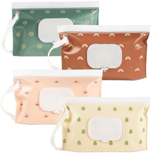 FEBSNOW 4 Pack Baby Wipes Dispenser, Portable Refillable Wipe Holder Baby Wipes Container Travel Wipes Case Reusable Boho Wet Wipes Pouch