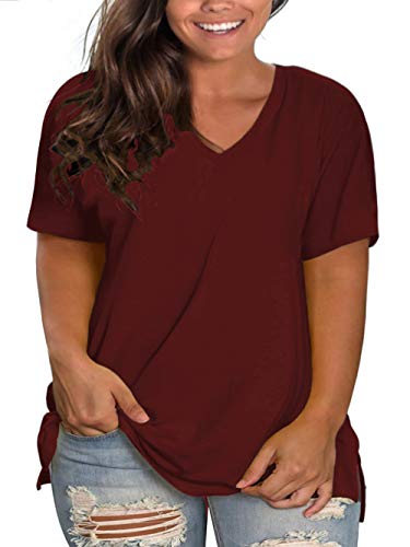 Womens V Neck Plus Size Tops High Low Casual Short Sleeve Side Split Blouse Tunic Wine Red 20W