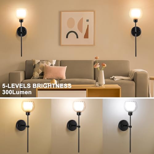 Image of Black double-layer glass wall light, hard wired variable light 3500K-6000K, E26 /E27 bulb, suitable for hallway, living room, bedroom, bathroom, and farmhouse wall-sconces, with bulbs (2 packs)
