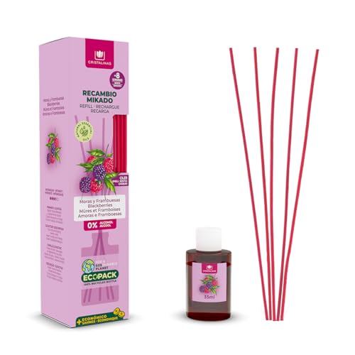 CRISTALINAS | Recambio + Cañas Ambientador Mikado | 100% Puro | Duración 8 Semanas | 35ml | 0% Alcohol (35ml, Moras y Frambuesas)