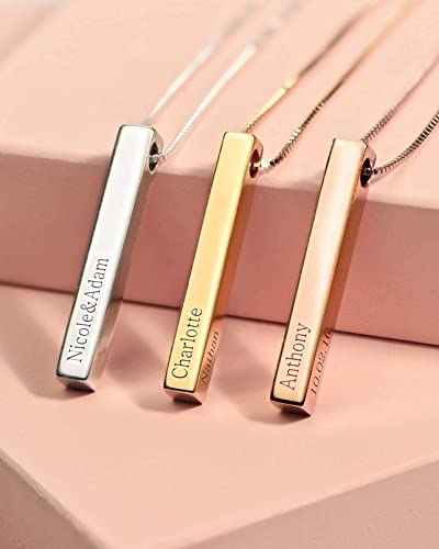 Personalized 4 Sided Vertical Bar Necklace Custom Text Engraved 3D Bar Pendant Stainless Steel Coordinate Jewelry for Couples3