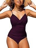 Model wearing Hilor Women's One Piece Front Twist Swimsuit.