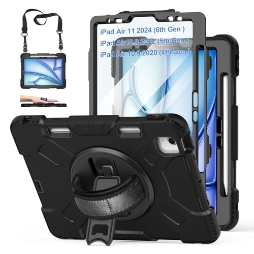 Case for iPad Air 11 M3 2025 & M2 2024: Cover for iPad Air 5th & 4th Generation 10.9 Inch (2020/2022) with Screen Protector- Stand- Handle- Shoulder Strap- Pencil Holder-Black+Black