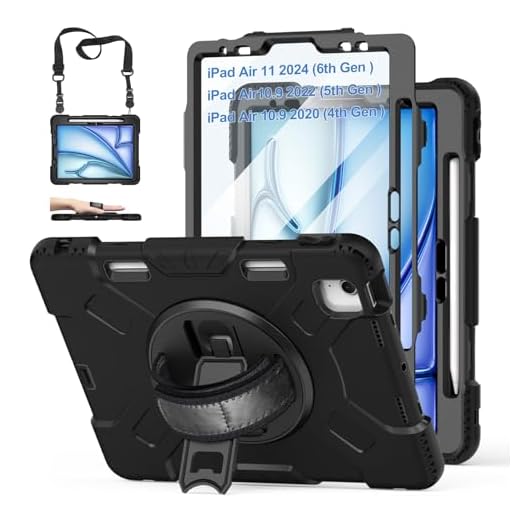 iPad Air 5th/4th Generation Case: iPad Air 5/4 Case 10.9 Inch (2022/2020), Military Grade 15ft Drop Tested Shockproof Protective Cover W/ Pencil Holder - Stand - Handle - Shoulder Strap - Black