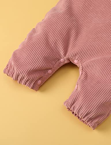 Frloony Newborn Baby Girl Clothes Solid Ribbed Long Sleeve Romper + Corduroy Overalls Pants Set Infant Girls Outfits 2Pcs (Pink, 0-3 Months) #TOP4