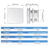 Wentylator łazienkowy 100 mm z timerem i czujnikiem wilgotności, ≤ 34 dB, cichy i wydajny wentylator wyciągowy, 12 W, 95 m³/h, IPX4, wentylator ścienny z zaworem zwrotnym, montaż na suficie w