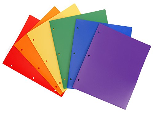 STEMSFX 6 Pack Heavy Duty Plastic 2 Pocket Folder Hole Punched (Assorted Colors) for Letter Size Papers, Includes Business Card Slot