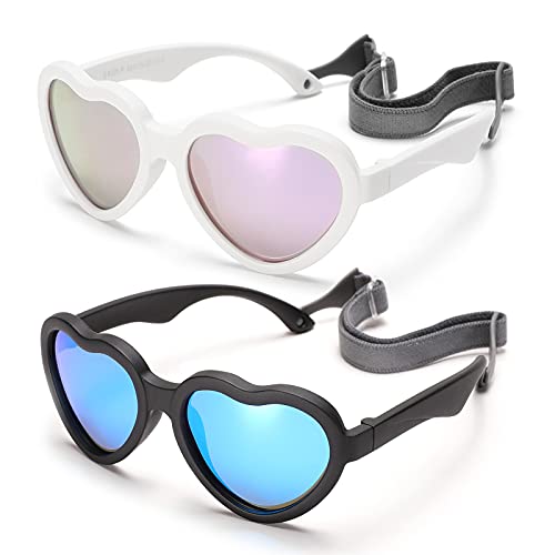 Image of DeBuff Baby Sunglasses 0-24 Months, Toddler Infant Heart Shape Polarized Baby Beach Shades (White/Purple Mirrored + Black/Blue Mirrored)