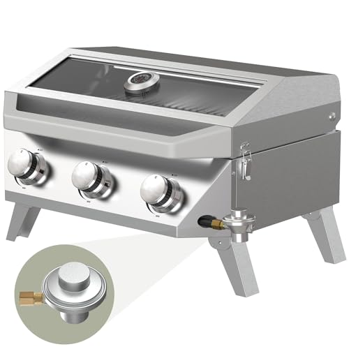 Image of BESTFIRE Portable Propane Grill, 3-Burner Tabletop Gas Grill with 2-in-1 Connection for 1lb /20lb Tanks, 30,000 BTU Stainless Steel BBQ with Observation Window & Thermometer for Outdoor, Tailgating