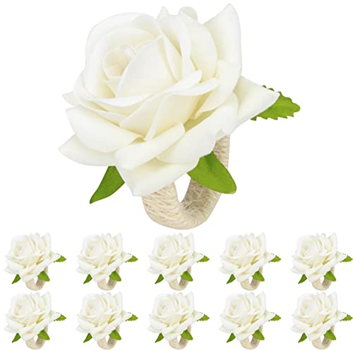 HuaLiSiJi Rond de Serviette de Table Fleur,Décoration de Table élégante pour Mariage,Saint Valentin,Banquet,Noël,Anniversaire,Thanksgiving (Blanc 10PCS)