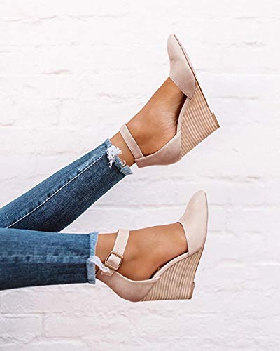 Womens Ankle Buckle Strap Wedge Sandal D'orsay Pointed Toe Cut Out Stacked High Heel Summer Dress Pumps #TOP4