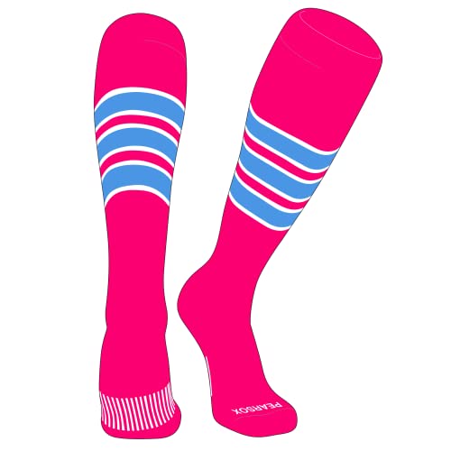 PEAR SOX Striped OTC Baseball, Softball, Football Socks (C) Hot Pink, White, Sky Blue