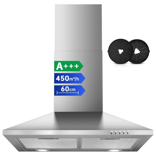 SNDOAS Hotte Aspirante 60cm, 450m³/h Hotte de Cuisine, Classe A+++, Evacuation ou Recyclage, Filtre à Charbon Inclus, 3 Vitesses Hotte Murale, Éclairage...