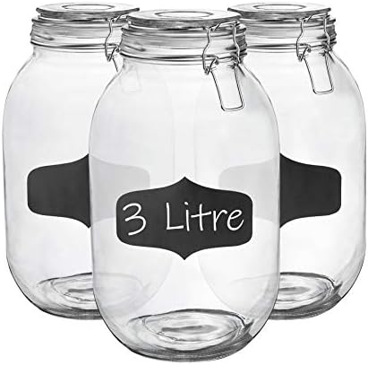 Argon Tableware 3x 3000ml (3 Litre) Clear Glass Storage Jars with Chalkboard Labels White Airtight Silicone Seal and Metal Clip Lids - 105.5oz Large Empty Kitchen Containers