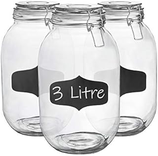 Argon Tableware 3x 3000ml (3 Litre) Clear Glass Storage Jars with Chalkboard Labels White Airtight Silicone Seal and Metal Clip Lids - 105.5oz Large Empty Kitchen Containers