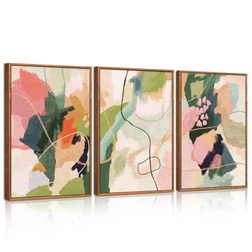 BINCUE 3 Teilig Frühling Bunte Abstrakt Leinwandbilder Bilder,Rosa & Grün...