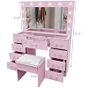 VINGLI Makeup Vanity Desk with Mirror and Lights, Dressing Table with 9 Drawers & Padded Stool, Makeup Table with Glass Top & 12 LED Light Bulbs & Power Outlet for Dressing Room Bed Room, Pink