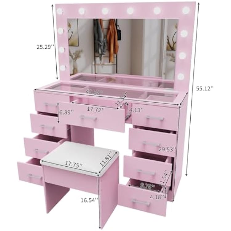 VINGLI Makeup Vanity Desk with Mirror and Lights, Dressing Table with 9 Drawers & Padded Stool, Makeup Table with Glass Top & 12 LED Light Bulbs & Power Outlet for Dressing Room Bed Room, Pink
