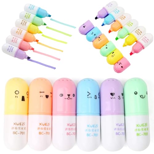 Marcadores de Texto Mini, 6 Cores Pastéis, Formato Cápsula com Estojo, Design Kawaii