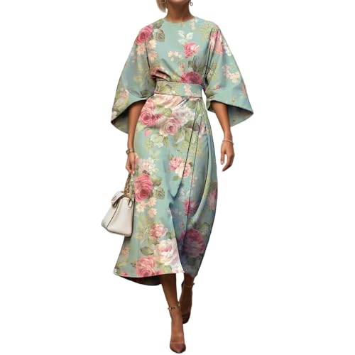 TIAFORD Women's Spring Summer Elegant Floral Print Empire Waist Dress Casual Cute Crew Neck Loose Half Sleeve Maxi Dresses