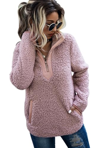 AQOTHES Womens Loose Casual Zipper Sherpa Fleece Pockets Pullover Sweatshirt for Women Pink