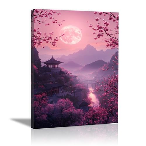 Tableau de fleurs de prunier rose 30x45cm pour sublimer votre salle de bain sous la lune