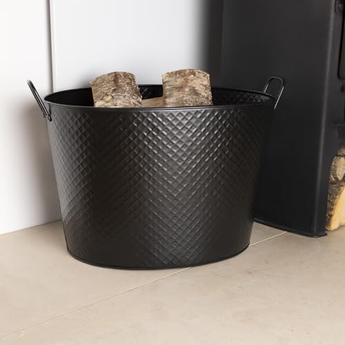 CHARLES BENTLEY Log Bucket, Snug, Willow, Large, Fireside Log Bucket, Iron, Oval Opening, Black Matte Finish, Contemporary, Diamond Embossed Body, Solid Metal Handles, 6KG Log Capacity (53x40x38cm)