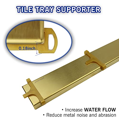 Image of Linear Shower Drain 36 inch, Brushed Gold Floor Drain with Tiled Insert Grate & Hair Strainer, 304 Stainless Steel Bathroom 2-in-1 Tiled in Drain, CUPC Certified (Brushed Gold, 36'')