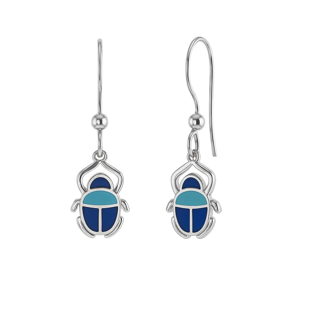 Boucles d'oreilles argent 925 émail bleu scarabée amulette protectrice - 6