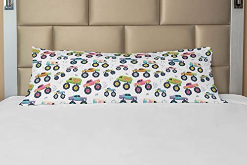 Lunarable Cars Body Pillow Case Cover With Zipper, Monster Trucks Cartoon With Big Wheels Automative Funny With Star Ornaments Print, Decorative Accent Long Pillowcase, 21" X 54", White Green #TOP17