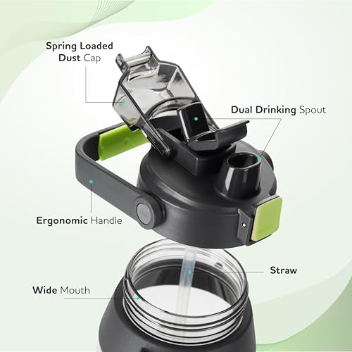 Image of KOLORR Sprint+ 2000 ml Fitness Gym Non-Toxic Water Bottle|Dual Opening Mount Design with Mobile Holder|Motivational Bottle|Durable Handle, Easy to Carrying Strap, One-Click Lock - Black & Green