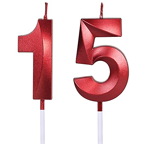 Red 15th & 51st Birthday Candles for Cakes, Number 15 51 Glitter Candle Cake Topper for Party Anniversary Wedding Celebration Decoration