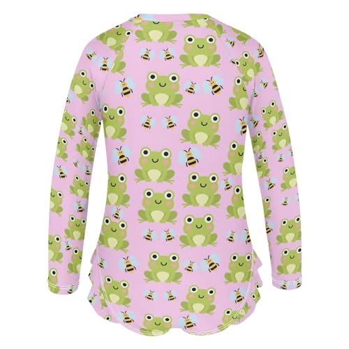 Frog Bee Pattern Girls Long Sleeve Swimsuit Rash Guard One Piece Bathing Suits Zipper 3-12T3