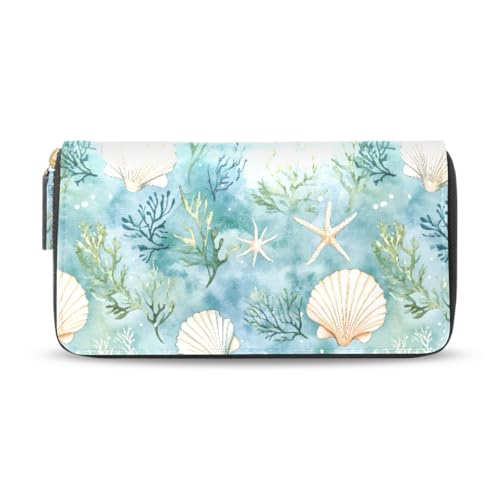 Long Wallets Leather Bifold Wallet for Women Watercolor Shells with Zipper Credit Card Holder Large Capacity