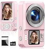 Digital Camera, 4k 64MP Dual Screens Camera, Portable Small Point and Shoot Digital Cameras with 18X Zoom & 32GB SD Card, Rechargeable Battery for Kids Teens Adult Beginner, Pink