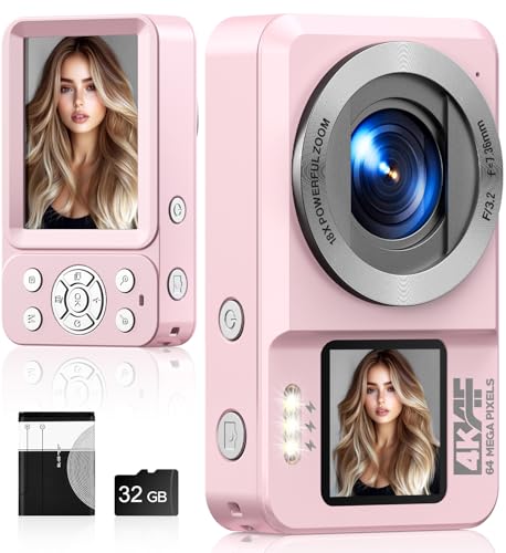Digital Camera, 4k 64MP Dual Screens Camera, Portable Small Point and Shoot Digital Cameras with 18X Zoom & 32GB SD Card, Rechargeable Battery for Kids Teens Adult Beginner, Pink
