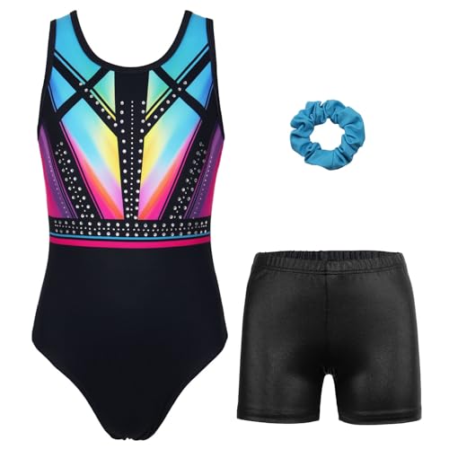 Gymnastics Leotards for Girls with Shorts Sparkly Ballet Dance Activewear Classical Rainbow Set 6-7 Years
