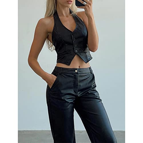 Piacakece Women Dressy Sleeveless Vest Tops V Neck Button Front Cropped Waistcoat Formal Blazer Vest Gilet Top Outwear2
