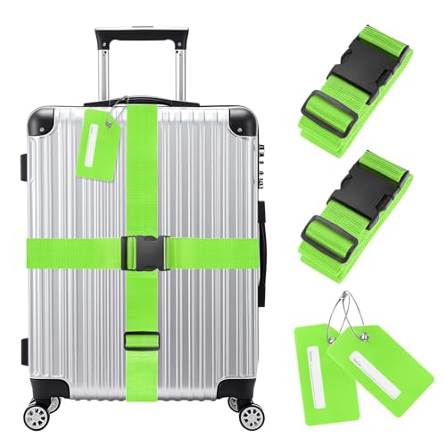 Image of M METERXITY 2-Sets Luggage Straps TSA Approved, Travel Straps for Luggage Suitcase Tags Set, Adjustable Suitcase Belt [Bright Green]