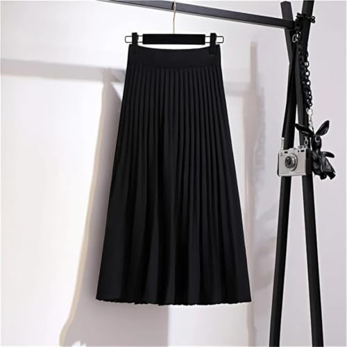 Women Knitted Skirt Mid-Length Elastic High Waist Thin A-Line Wool Solid Pleated Long Skirts3