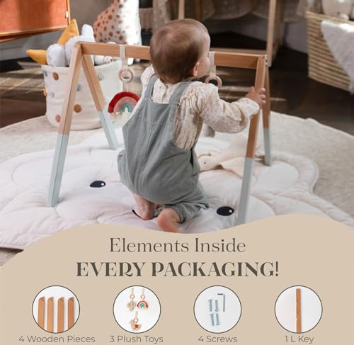 Playful Wooden Baby Play Gym - Wooden Play Mat for Babies 0-6 Months with 3 Plush Hanging Baby Toys - Baby Gym Play Mat - Natural Wooden Foldable Play Mat - Activity Mat for Babies 0-6 Months