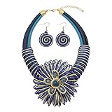 RUIYIMING Statement African Necklace For Women African Jewelry Costume Earring Sets Tribal Fashion Colorful Big Rhinestone Crystal Pendent Collar Choker Bold Chunky Bib Handmade (Flower blue)