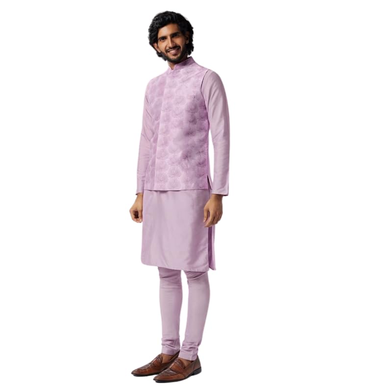 Kisah Men's Kurta Jacket Churidar Set, Lavender Art Silk, Embellished Regular Fit Mandarin Collar Long Sleeves (L)