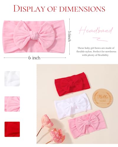 jollybows 3PCS Baby Bows Headbands Soft Nylon Baby Girl Headbands for Newborn Infant Toddler Kids Cute Bow Wide Hairbands Hair Accessories(White+Red+Light Pink)2