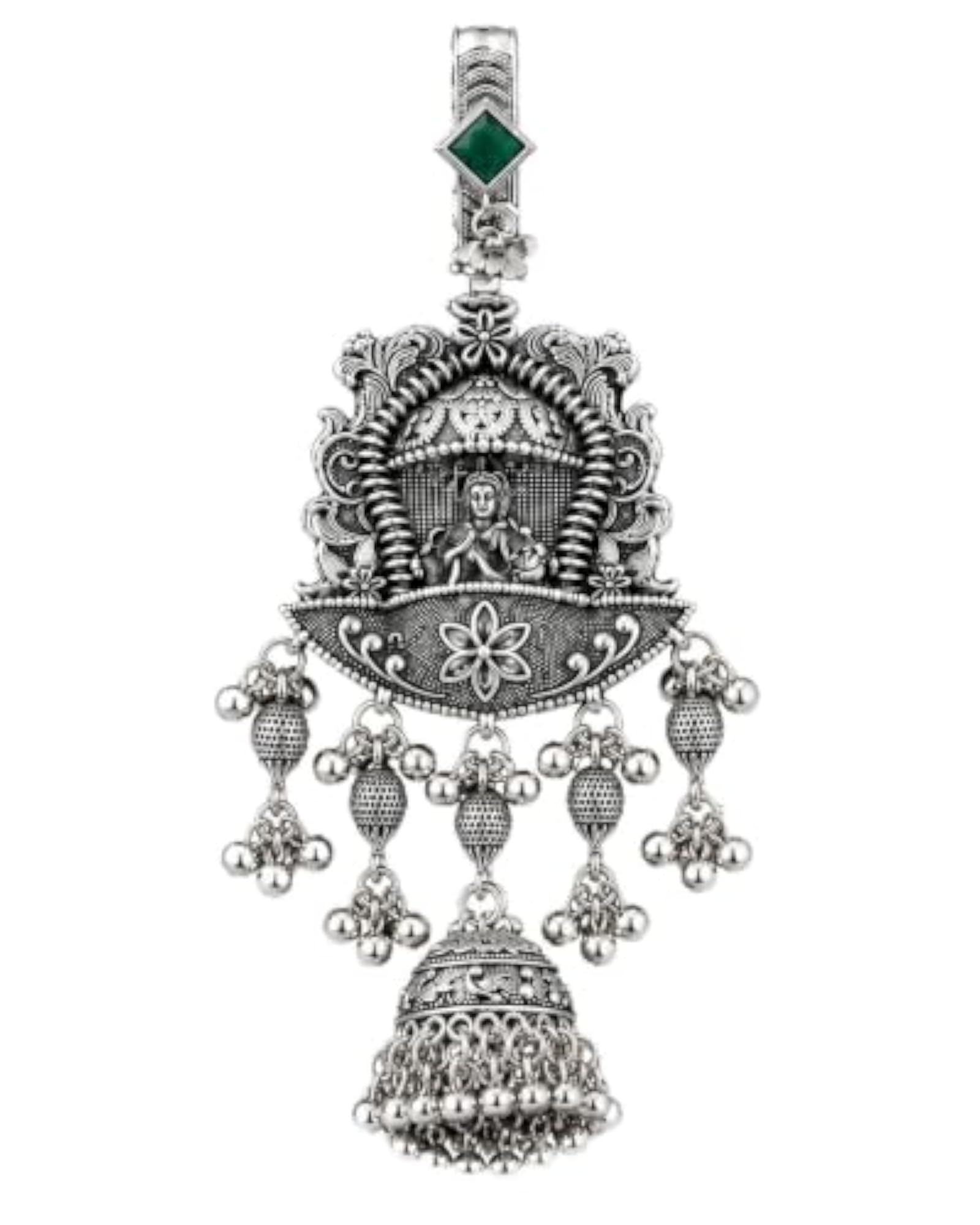 Traditional Indian Oxidised Silver-Tone Pendant with Green Stone
