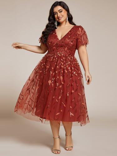 Image of Ever-Pretty Womens Embroidered Tulle Plus Size Cocktail Evening Party Dress A-Line Midi Wedding Guest Dresses for Curvy Women