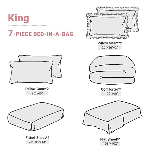 JOLLYVOGUE King Size Comforter Set 7 Pieces, Pink/Ivory Bed in a Bag Comforter Set for Bedroom, Beddding Sets with Comforter, Sheets,Ruffled Shams & Pillowcases